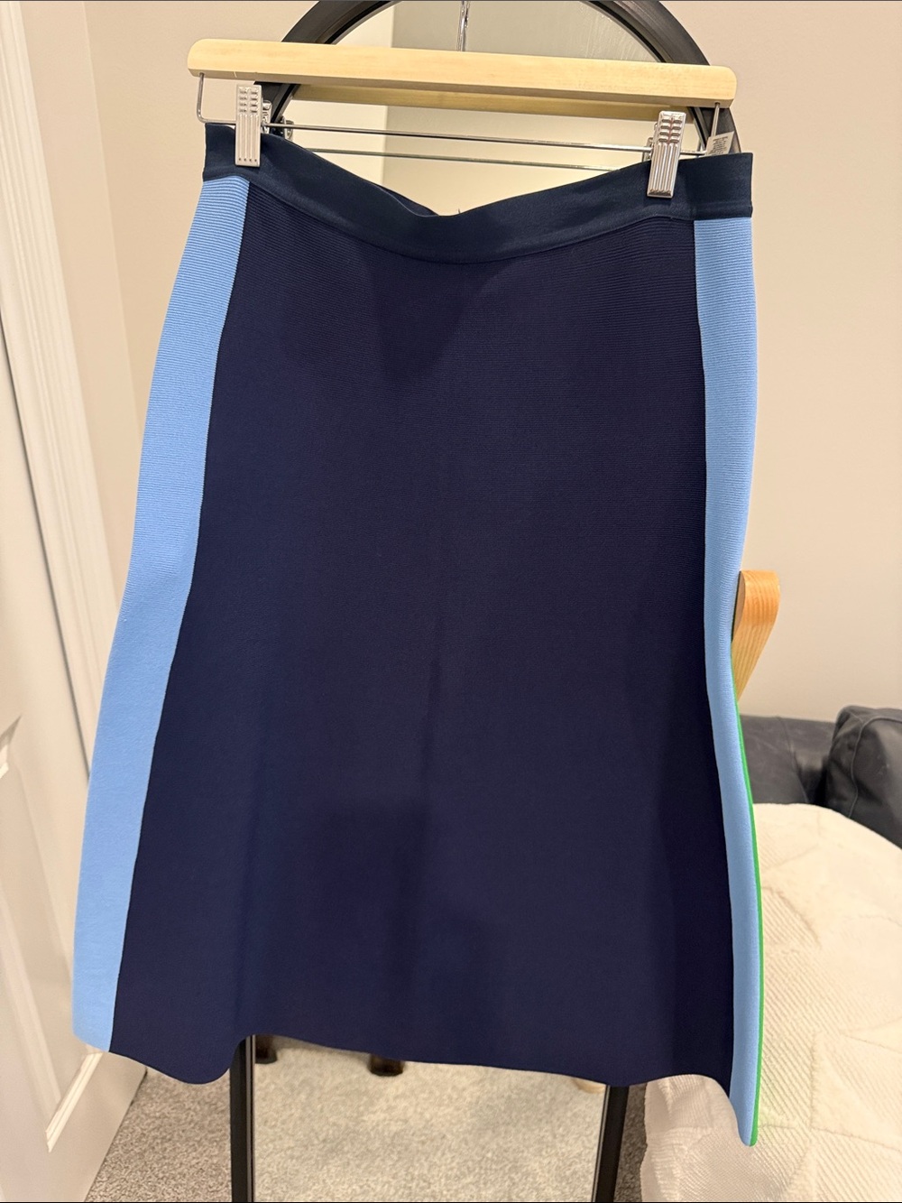 Tory Burch Sport Textured Navy MIDI Skirt with Light Blue and Green Side Panels